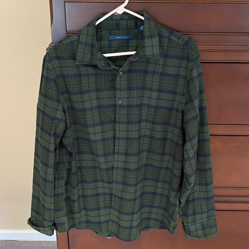 Perry Ellis Green and Navy Checkered Shirt